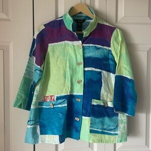 Ali Miles | Geometric Abstract Print Shirt.  100% Linen. Size PS. Tie dye